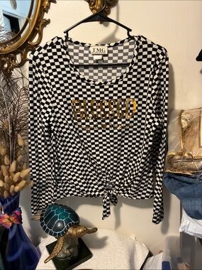 TMG Black & White Checkered Long Sleeve Tie-Front Top